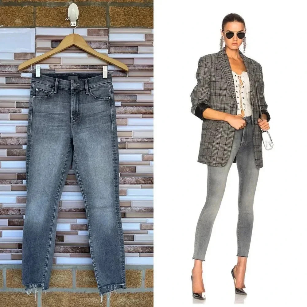 Mother 24 high waisted looker ankle fray huntress jeans gray 25